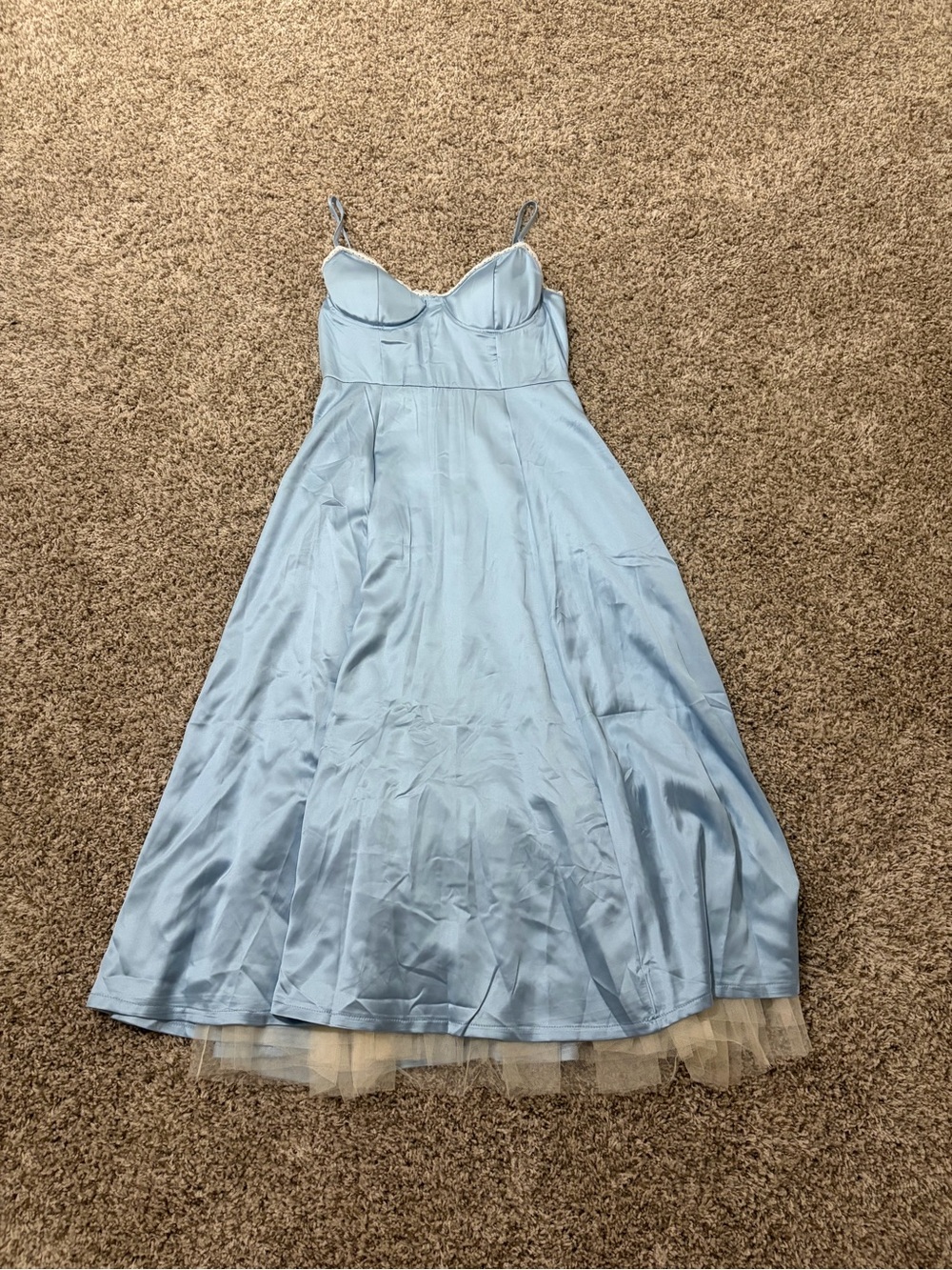 Light Blue Satin Slip Dress with Tulle Hem
